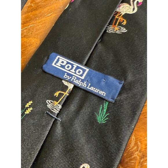 Polo Ralph Lauren Silk Flamingo Tie Cattails Made USA Handmade Vtg Black Gray - Picture 4 of 8